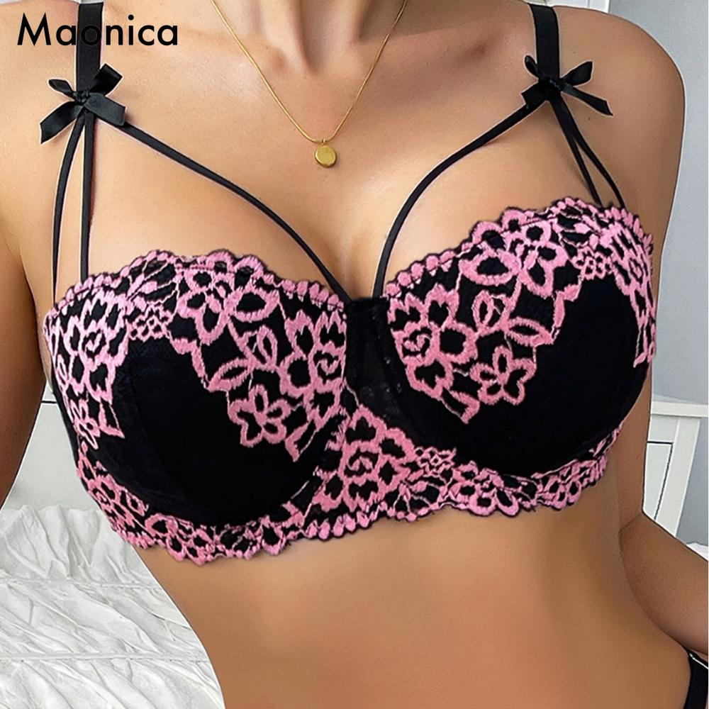 

Женское сексуальное кружевное нижнее белье Женский летний мягкий формованный бюстгальтер с бантиком и эффектом пуш-ап Тонкий 40/90 чёрный