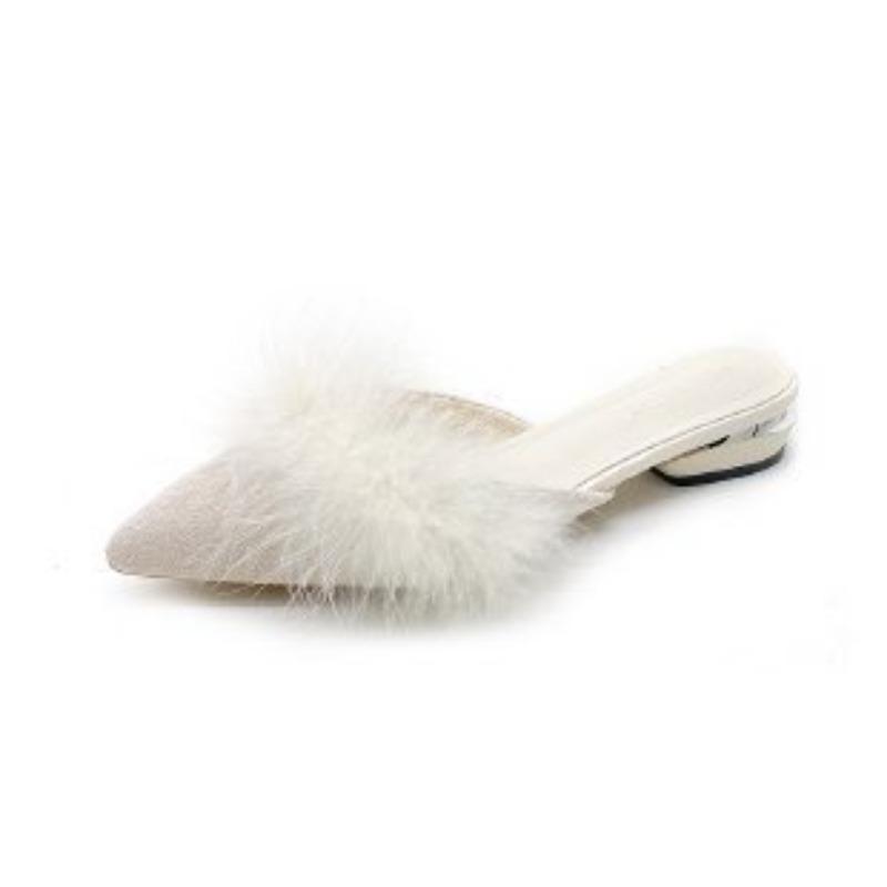Pointed-toed fluffy shoes wearing bag-headed slippers for women's spring and autumn new large-size thick-heeled lazy half-slippers