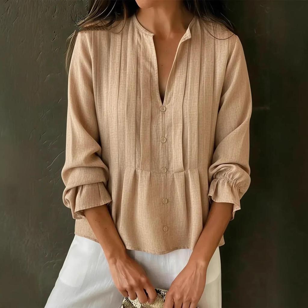 2026 Spring/Summer Women's V-neck Long Sleeve Striped Cotton-Linen Shirt