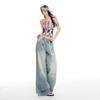 Spring Summer Vintage 3D Cat Whisker Distressed Floor Denim Pants For Ladies Casual Pants Oversize Denim Trousers