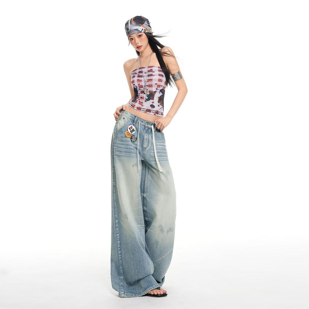 Spring Summer Vintage 3D Cat Whisker Distressed Floor Denim Pants For Ladies Casual Pants Oversize Denim Trousers
