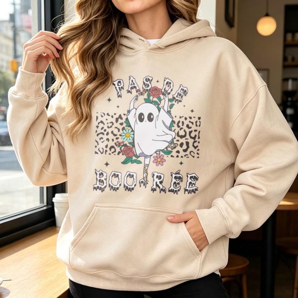 Pas De Boo-rée Leopard Ghost Halloween Hoodie Unisex Trendy Streetwear Hooded Sweatshirt Long Sleeve Casual Autumn Pullover