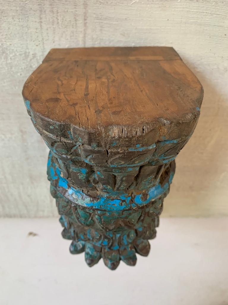 Carved Floral Wood Floating Shelf: Rustic Blue Wall Decor