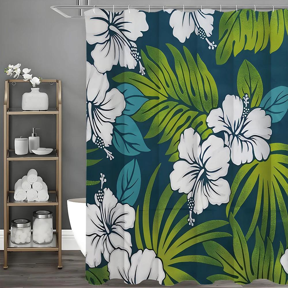 Zasłona prysznicowa z liści palmowych, białych kwiatów i niebieskich liści, dekoracyjna zasłona prysznicowa do łazienki, wodoodporna zasłona prysznicowa z haczykami