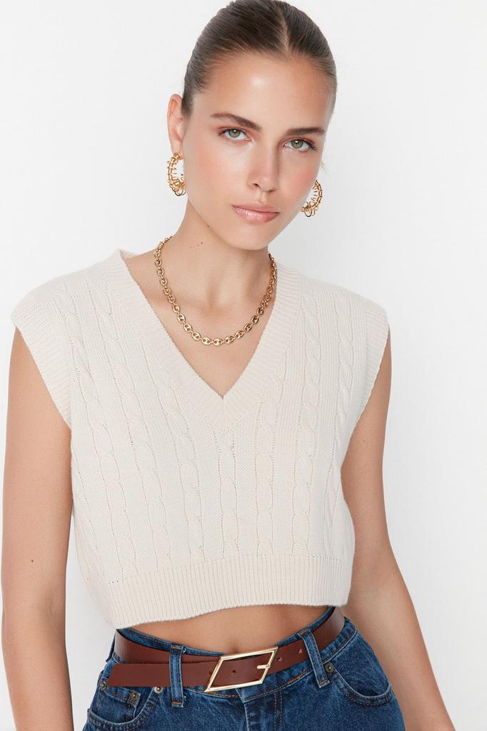 Women's Fashion Stylish Sweater Stone Crop V-Neck Knitwear Sweater