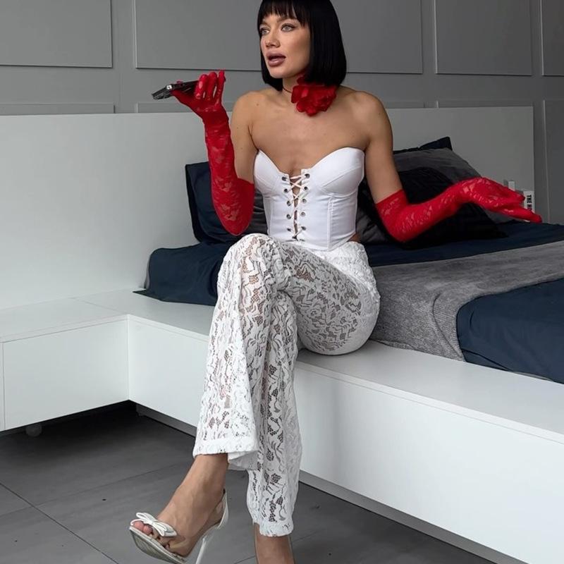 Dámské letní kalhoty z gázy po celé délce rovné elastické s vysokým pasem dámské nové sexy slim dlouhé kalhoty ležérní krajkové prolamované kalhoty