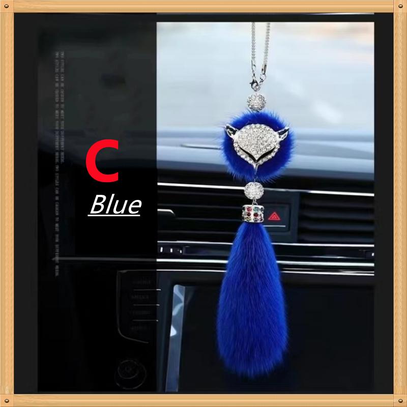 8 Colors Cute Fashion Diamond Fox Rear View Mirror Ornament Fur Bling Rhinestone Car Mirror Hanging Accessories for Girls Women