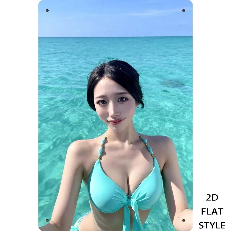 

HD Metal Tin Sign Beautiful Bikini Girl Seaside Portrait Wall Art Decor For Home Bar Beach House Decoration 20x30cm（7.8x11.8inch）