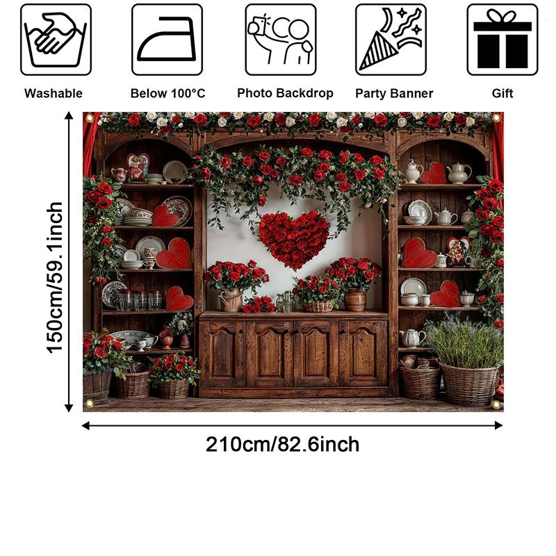LS Valentine's Day Kitchen Cabinet Photography Backdrop Wooden Cupboard Wall Red Heart Decor Photocall Studio Background