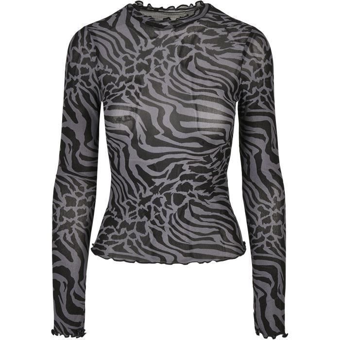 T-shirt à manches longues - Urban Classics - Ladies AOP Mesh Turtleneck - Gris/noir - Col montant - Femme