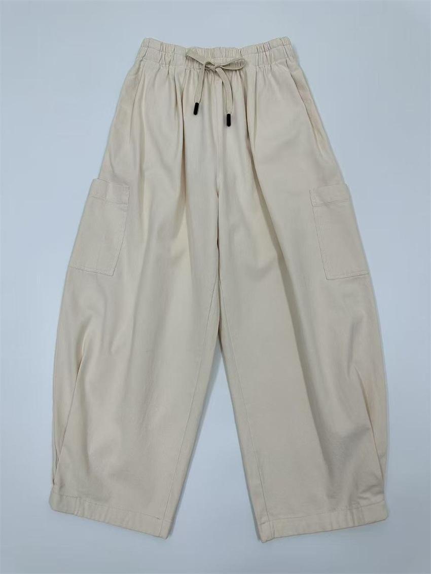 

Johnature Весна Осень Японские Женские Шаровары Простые Однотонные Карманы Высокая Талия Эластичные Повседневные Брюки One Size бежевый