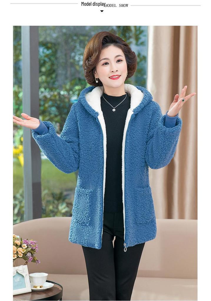 2025 Stylish Winter Coat for Middle-Aged Women: Plus Size, Hooded, Thickened Fleece Jacket with Velvet, Autumn/Winter