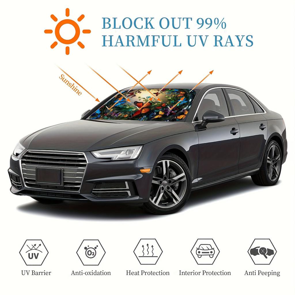 Butterfly Garden Pattern Printed Car Windshield Shade, Windshield UV Blocking Sun Shield Protector Foldable
