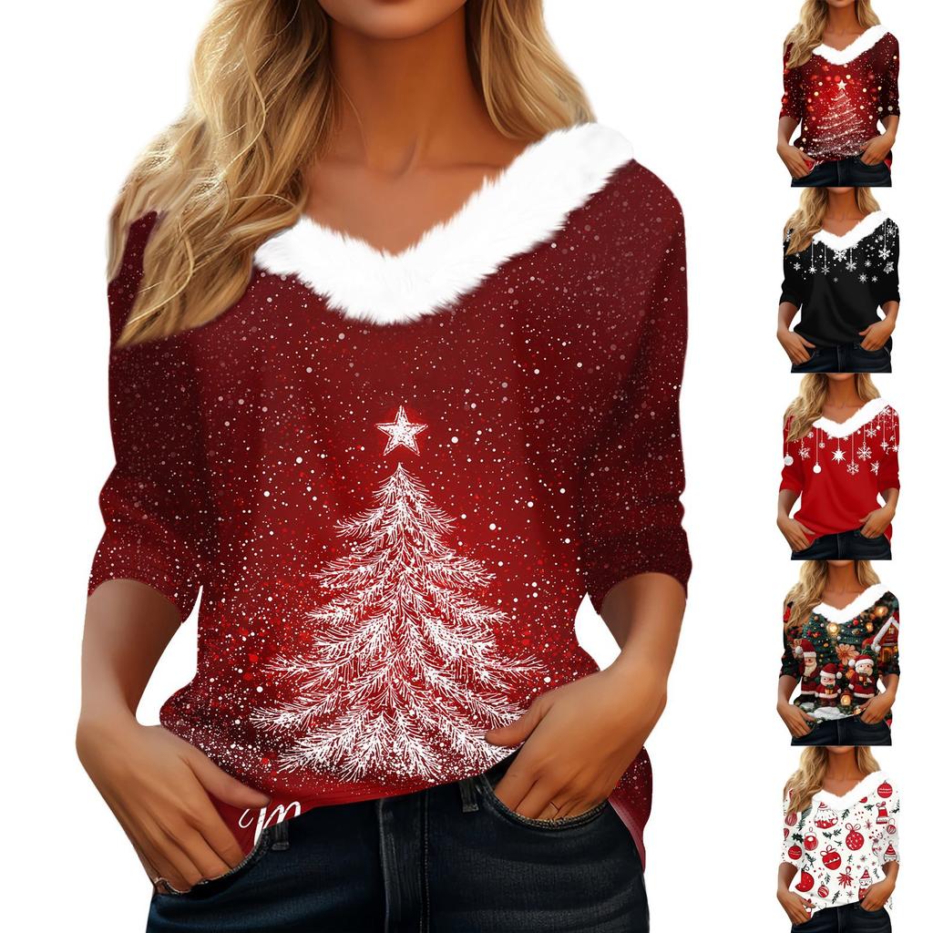 Dámské tričko s vánočním potiskem, tříčtvrteční rukáv, na párty, vánoční, flísový límec, výstřih do V, top