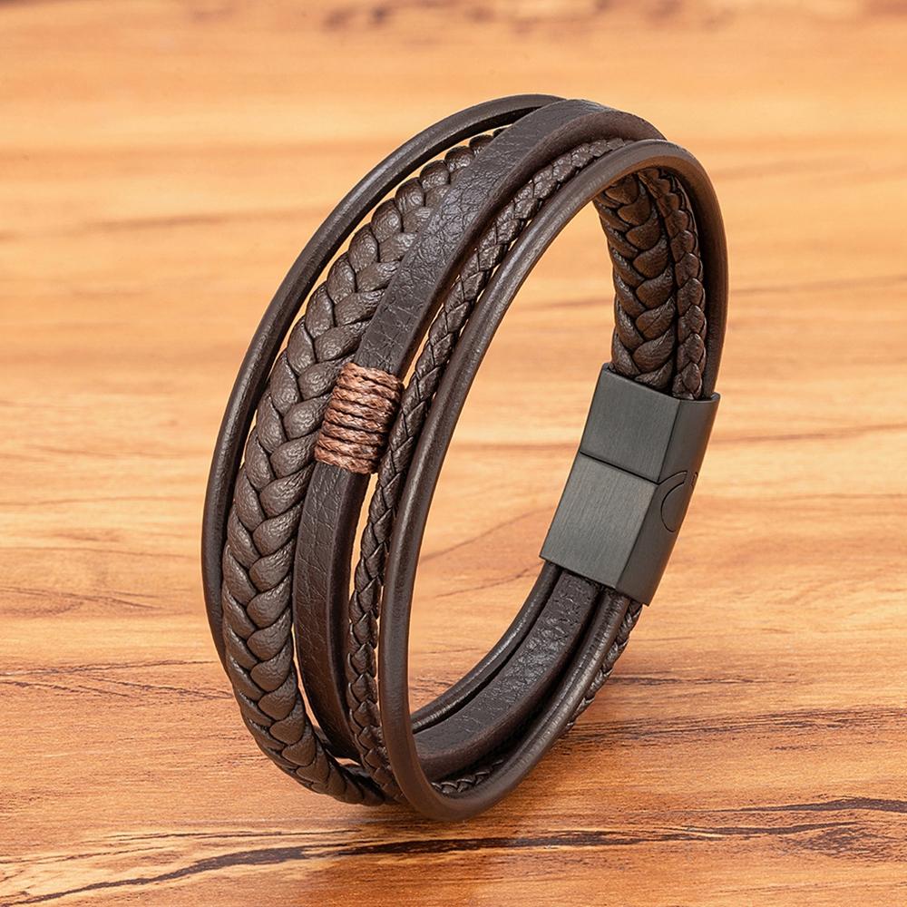 

Luxury Fashion Hand-Woven Leather Bracelet Multilayer Men s Bangles Stainless Steel Magnetic Buckle Party Jewelry Gift 19cm