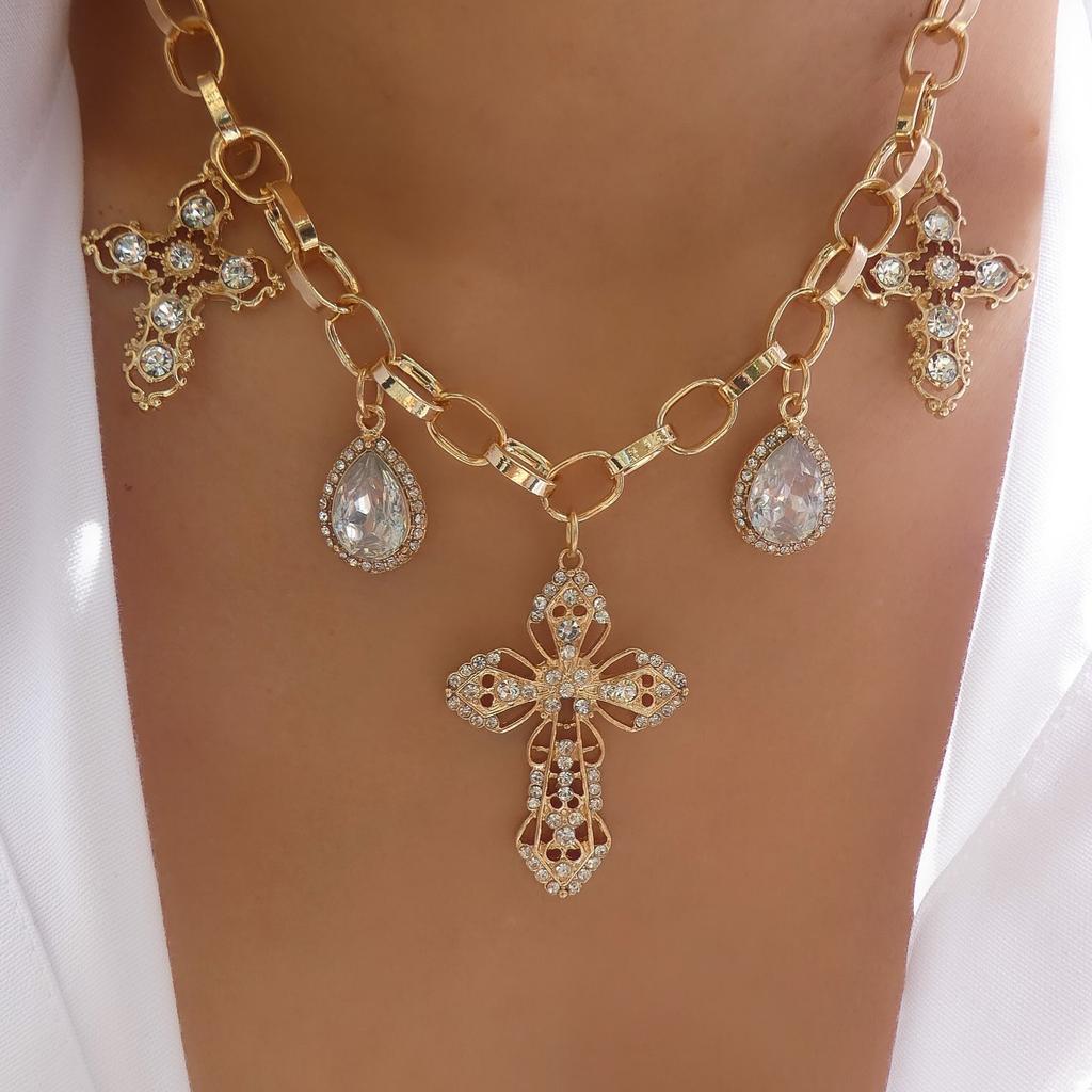 Hip Hop Cross Pendant Necklace Punk Rhinestone Accessory