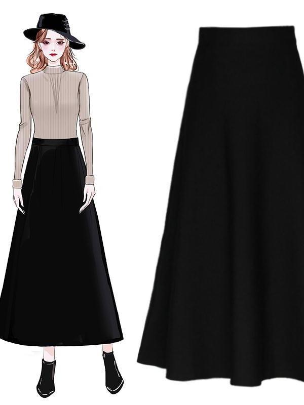 2025 High Waist Midi A-line Skirt - Versatile, Slimming, Plus Size, Hips Covering Women's Fashion for Spring, Autumn, Winter