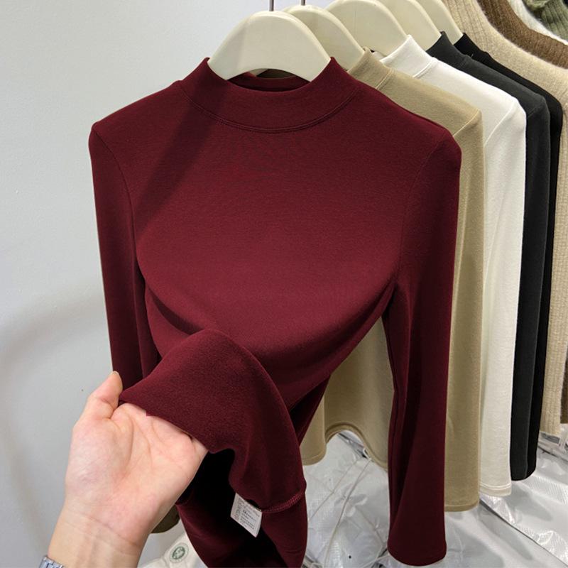 Women's Slim Fit Fleece-Lined Stand Collar Shirt, Brushed Thin Fleece, Long-Sleeve T-Shirt, Autumn/Winter 2025