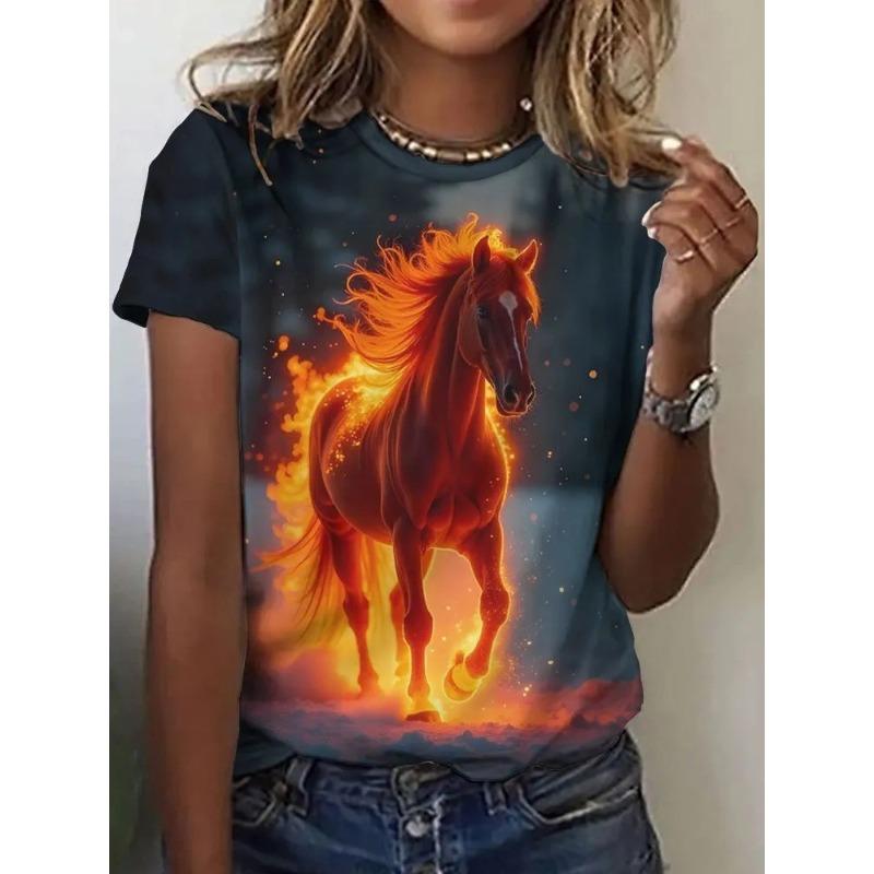 Haut décontracté à manches courtes et col rond avec imprimé animal cheval pour femme