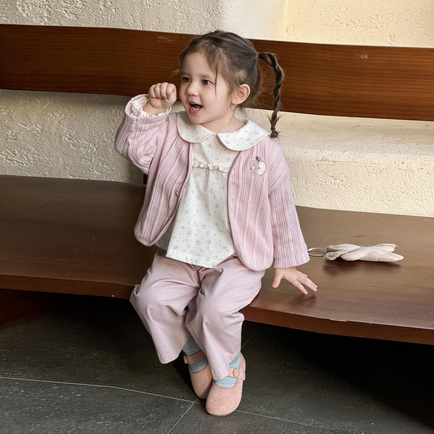 Spring 2026 Girls  Pink Princess Cardigan Set: Sweet Long-Sleeved Jacket & Top 73cm