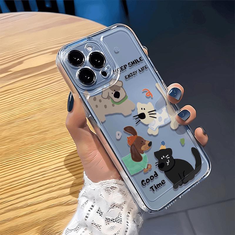 Pouzdro na iPhone s motivem šťastné kočky a psa: Pasuje na iPhone 11-16 Pro, 13 Pro Max; Přesné výřezy, Měkký průhledný kryt