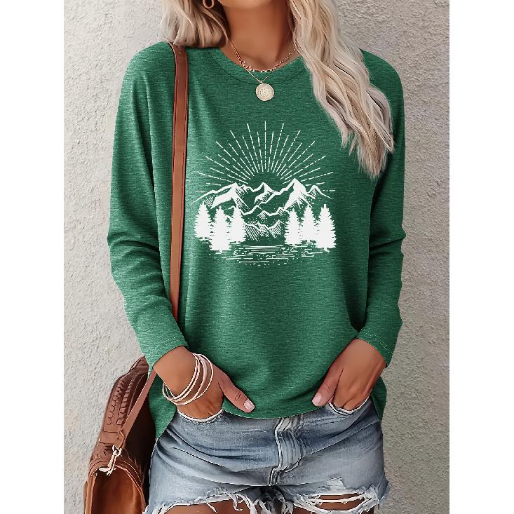 Women's Adventure-Themed Vintage Sketch Mountain Print Casual Long Sleeve Elegant Summer Top, Fashionable and Cute Vintage Style