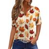 Women's Casual Short Sleeve V-Neck T-Shirt with Leaf Print and Decorative Buttons