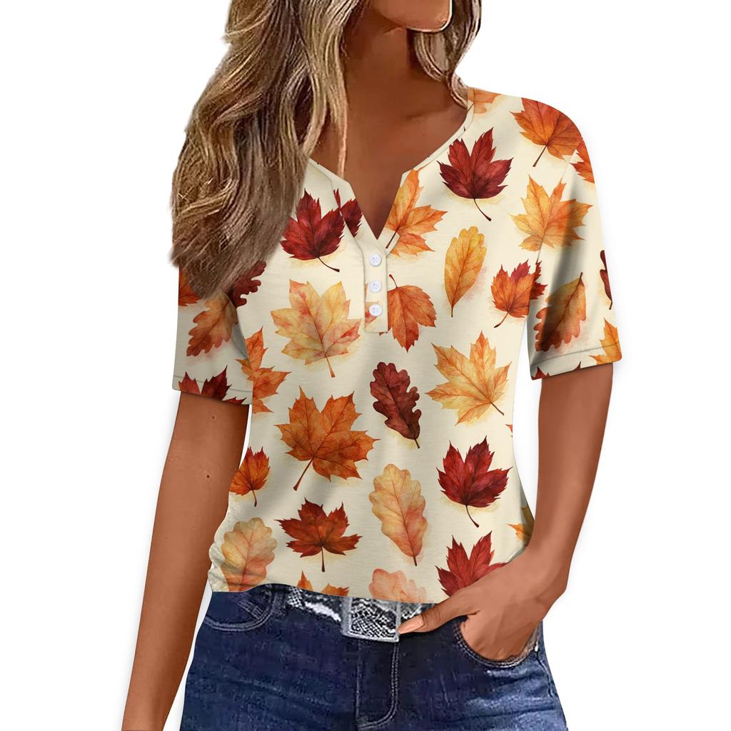 Women's Casual Short Sleeve V-Neck T-Shirt with Leaf Print and Decorative Buttons