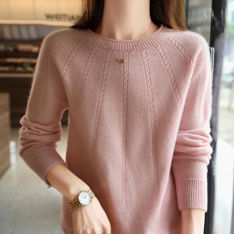 New Women's 100% Wool Cable Knit Round Neck Sweater, Loose Fit, Rolled Hem, Autumn/Winter Pullover.