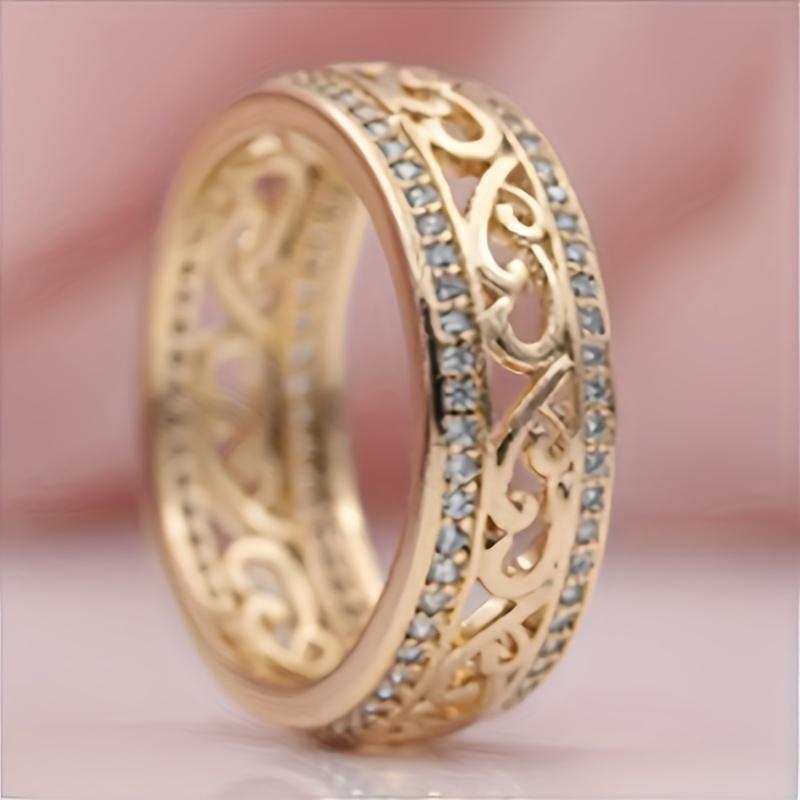 1pc, Elegant & Luxury Style, Engrave Hollow Flower Texture Wide Ring, Inlay Shiny Rhinestone Ring, Fashion Delicate Accessory For Daily Wear & Party,