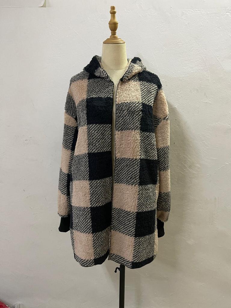 Women's Autumn/Winter Hooded Plaid Plush Cardigan Jacket