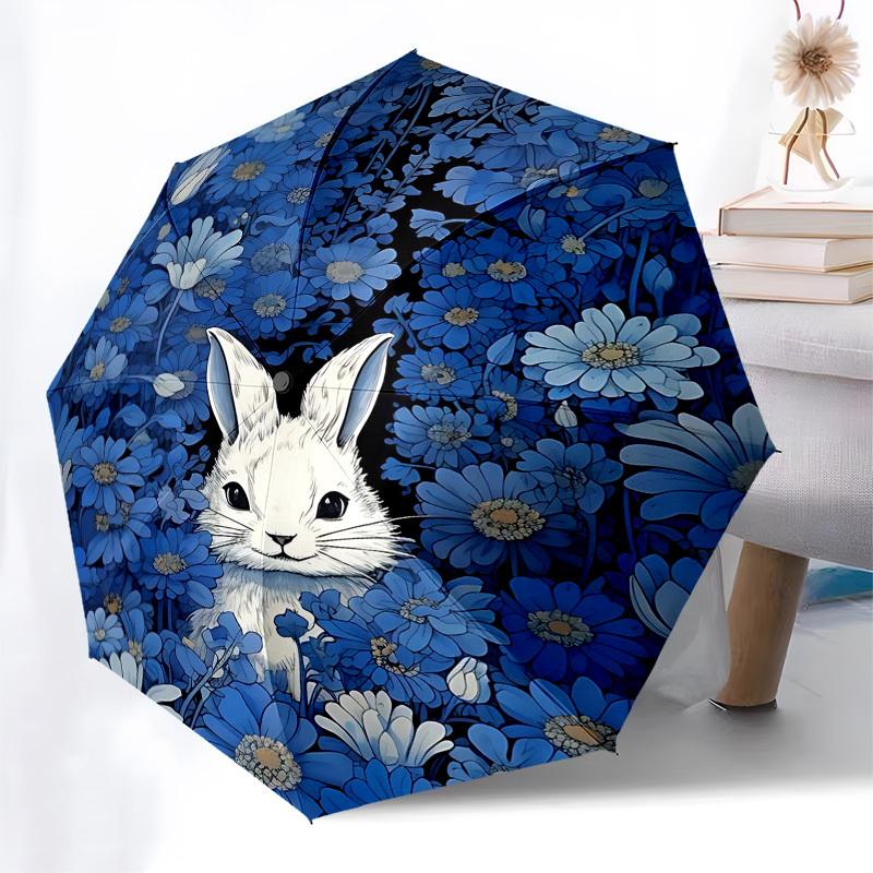 1pc Rabbit Blue flowersOpen/Close Umbrella-Windproof, Compact Travel Umbrella, Sturdy 8-Rib Shaft, Outdoor Accessory, 1053