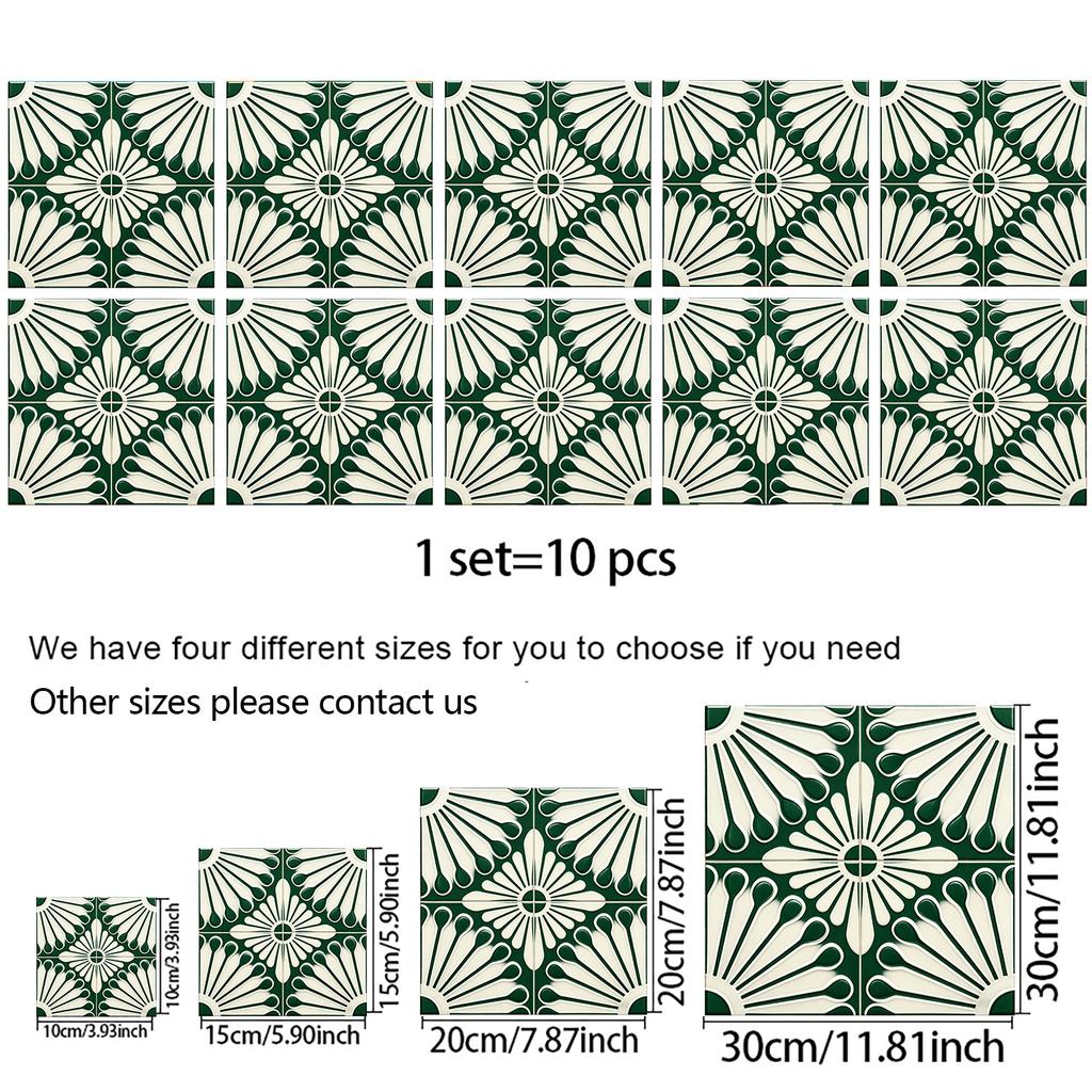 10Pcs Vintage Green Tile Stickers Glossy Self-Adhesive Sunflower Pattern Wall Floor Decals Kitchen Backsplash Home DIY Decoration