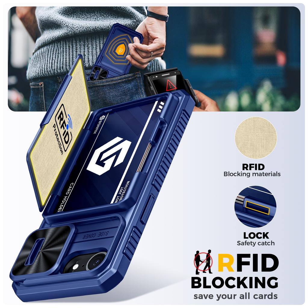 RFID Blocking Wallet Case with Card Holder Sliding Camera Cover PC+TPU Protective Case for IPhone 16e/iPhone 17e-Blue