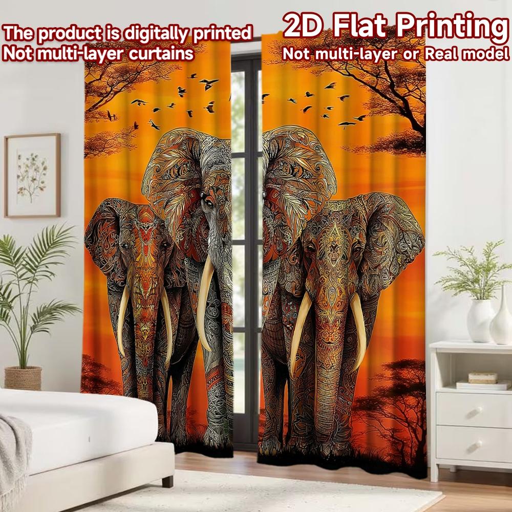 2D flat printing 2pcs Curtain Party Window Curtains Autumn Elephant Parade Digital Printed Polyester Drapes Birthday Party Use