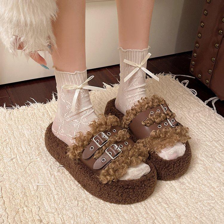 Thick-bottomed Fluffy Slippers for Women's Outer Wear 2025 New Belt Buckle Autumn and Winter Retro One-word Drag Soft-bottomed Cotton Drag for Women
