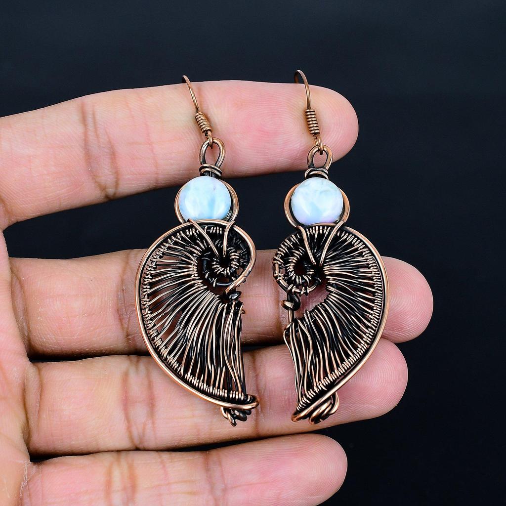 Larimar Earrings, 999 Copper Wire Wrapped  Jewelry, Gemstone Earrings, Gift For Her Handmade Dainty Jewelry