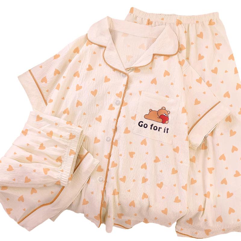 Cloud Cotton Pajamas Women'S Summer Fashion Cartoon Love Full Print Short Sleeve Three-Piece Loungewear