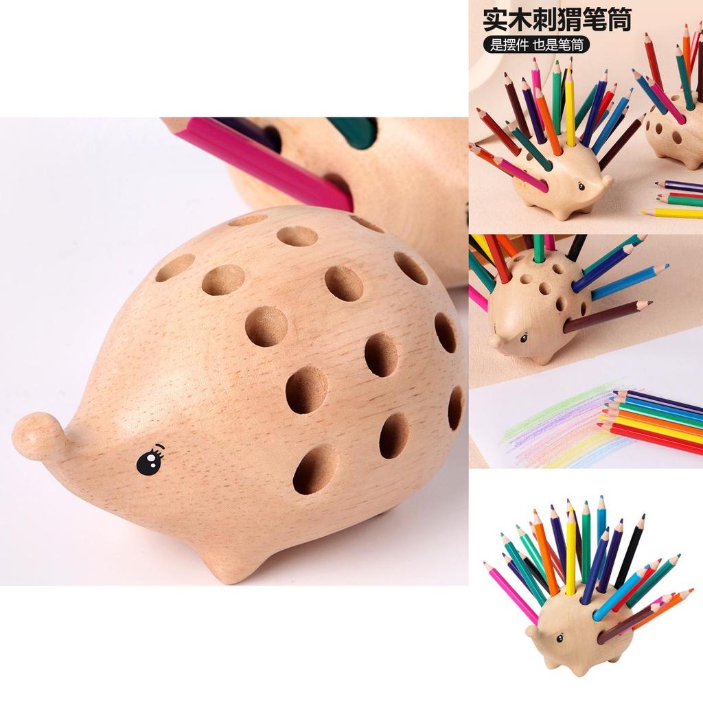 Wooden Hedgehog Stationery Organizer With 24 Pencils For Student Desk And Creative Decor