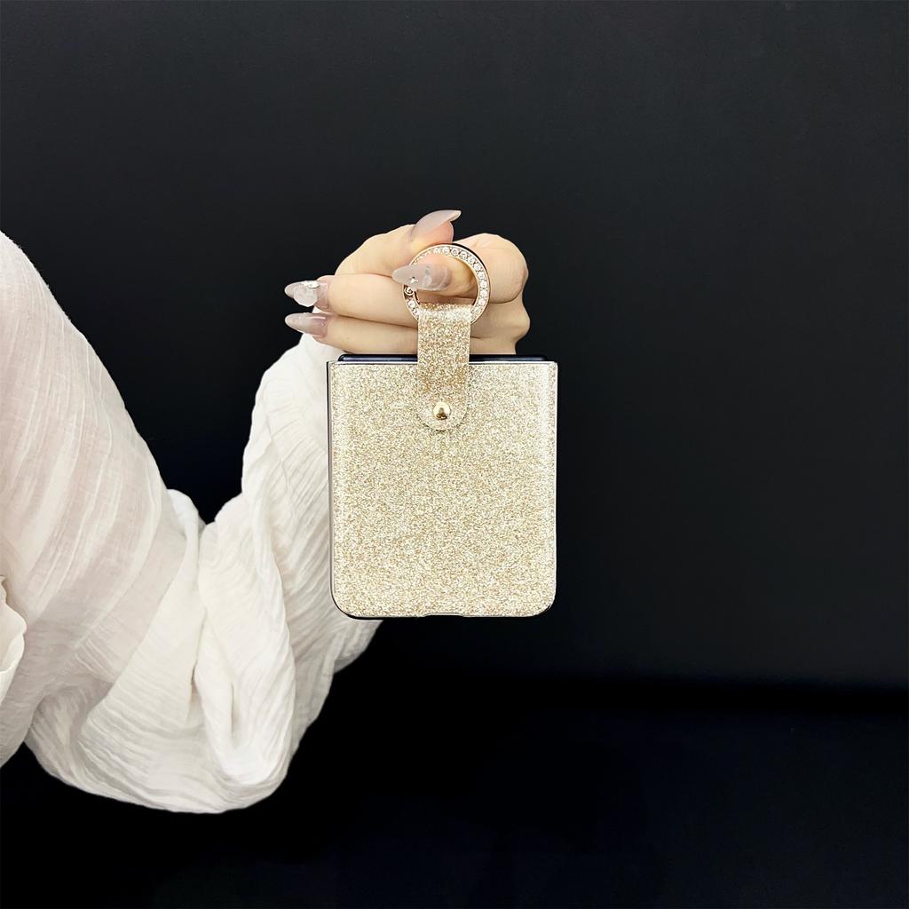 For Samsung Galaxy Z Flip7 5G Case Electroplated Glitter PU Leather+PC Protective Cover with Portable Ring Strap