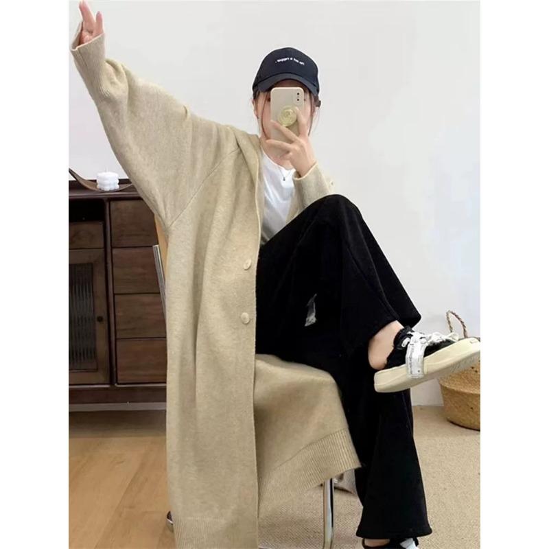 

Ленивый длинный вязаный кардиган с капюшоном для женщин, осенний женский свитер длиной до колена, длинная куртка для женщин, удобная, универсальная и модная One Size абрикосовый