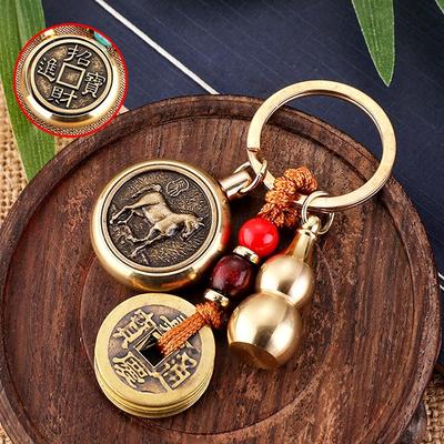 Brass Zodiac Keychain with Rotating Copper Gourd and Cinnabar Coins Pendant Gift