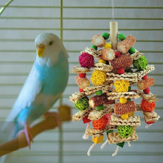 Juguete para loros, accesorios coloridos, rompecabezas de madera natural, juguete para masticar con jaula para pájaros