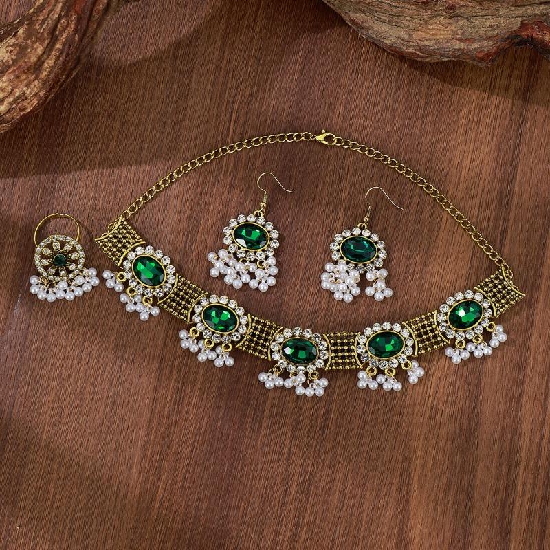 Earrings, Rings, and Necklace Set - Women's Bohemian Style Colorful Diamond-studded Tassel Jewelry Set
