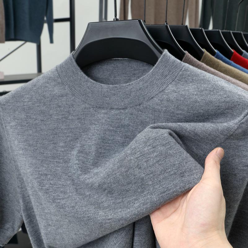 Men's 100% Wool Round Neck Sweater - Solid Color, Long Sleeve, High-End Casual Base Layer for Autumn/Winter
