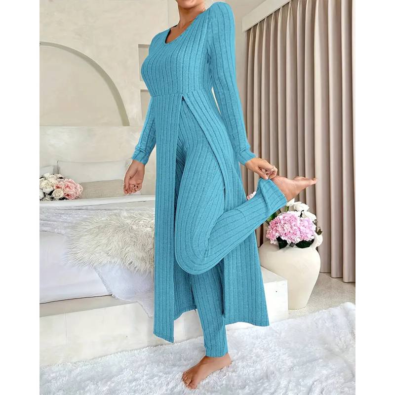 Herfst Winter Huis Casual Damespak Modieus Effen Kleur Ronde Kraag Super Lange Split Top Slimme Broek Tweedelig Pak