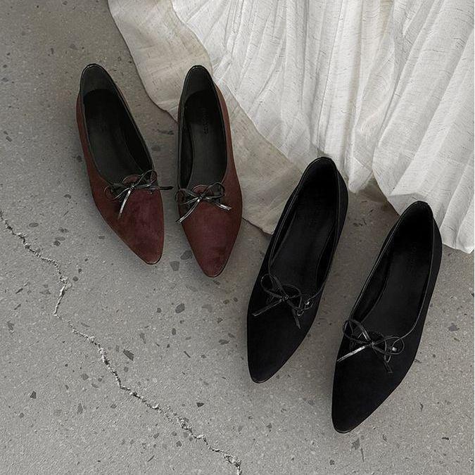 Fashion Pointed Comfortable Flat Bottom Shallow Mouth Single Shoes Women's Versatile Solid Color Foreign Style Simple Bow Matte Surface Grandma Shoes