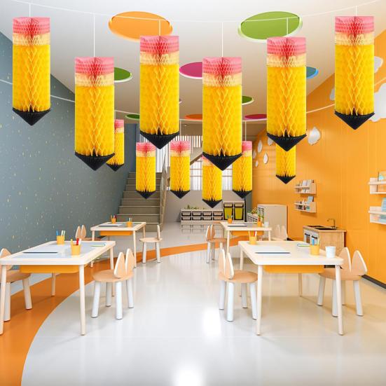 6Pcs Pencil Hanging Honeycomb with Lanyard Ceiling Party Ornaments Easy To Install Back-to-School Classroom Decorations