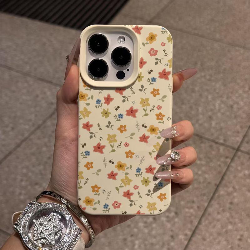 ins red, yellow and blue floral application Apple 17/16promax mobile phone case iPhone15 liquid 13 fresh 14 soft