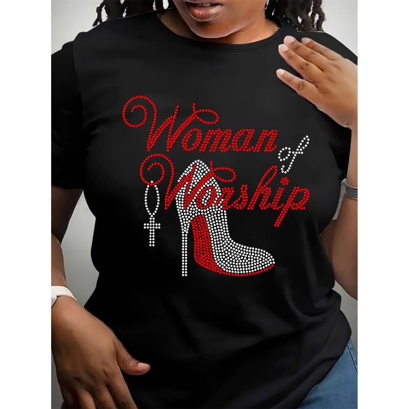 

European Size Women s Size Oversized T-Shirt Compatible for High Heel & Worship Print -Short Sleeve Round Neck Summer Blouse,Spring Summer Casual Wear 4XL чорний